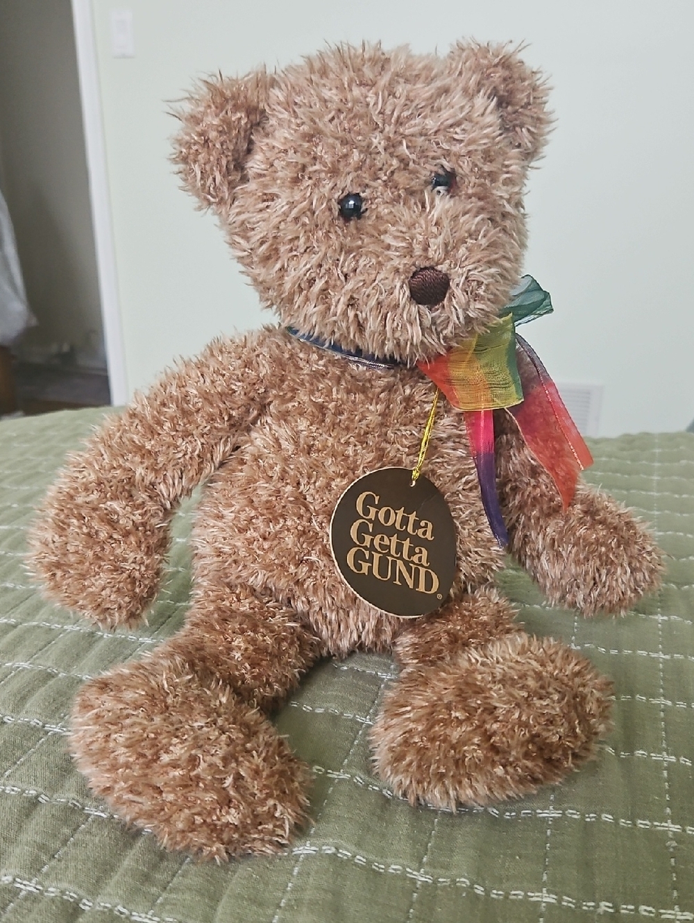 Gund Brown Plush Teddy Bear with Rainbow Ribbon
